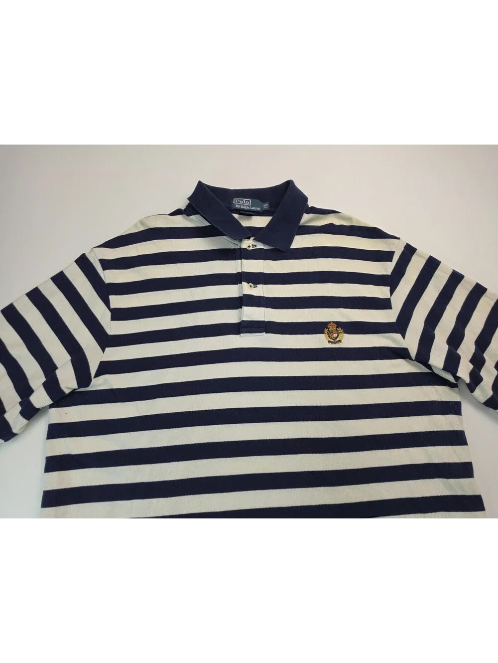 Polo Ralph Lauren Vintage Navy Blue White Striped Crown Crest Logo Shirt Men XLT